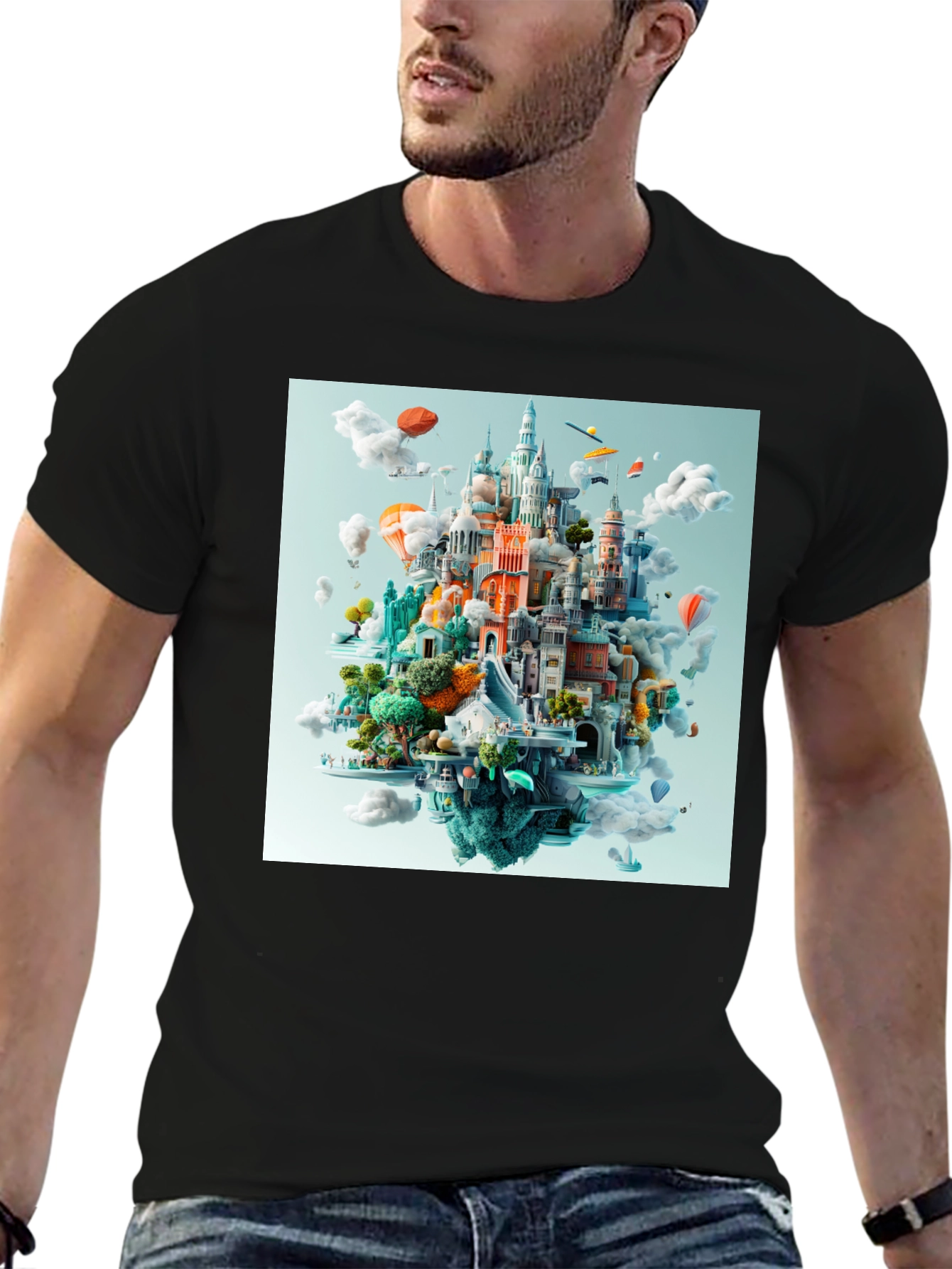 Cityscape Fantasy Graphic Tee - Black Cotton T-Shirt