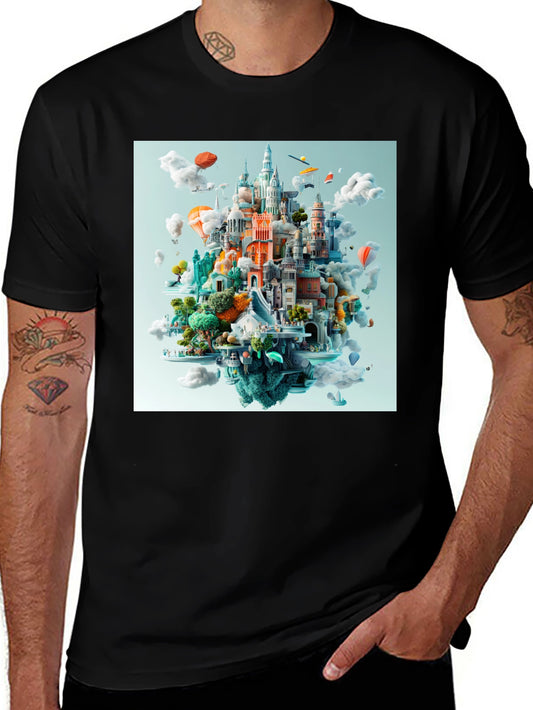 Cityscape Fantasy Graphic Tee - Black Cotton T-Shirt