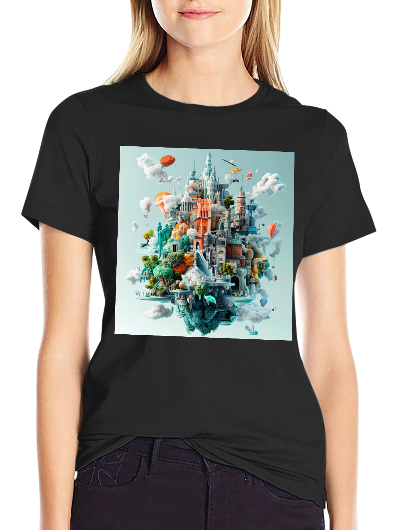 Cityscape Fantasy Graphic Tee - Black Cotton T-Shirt