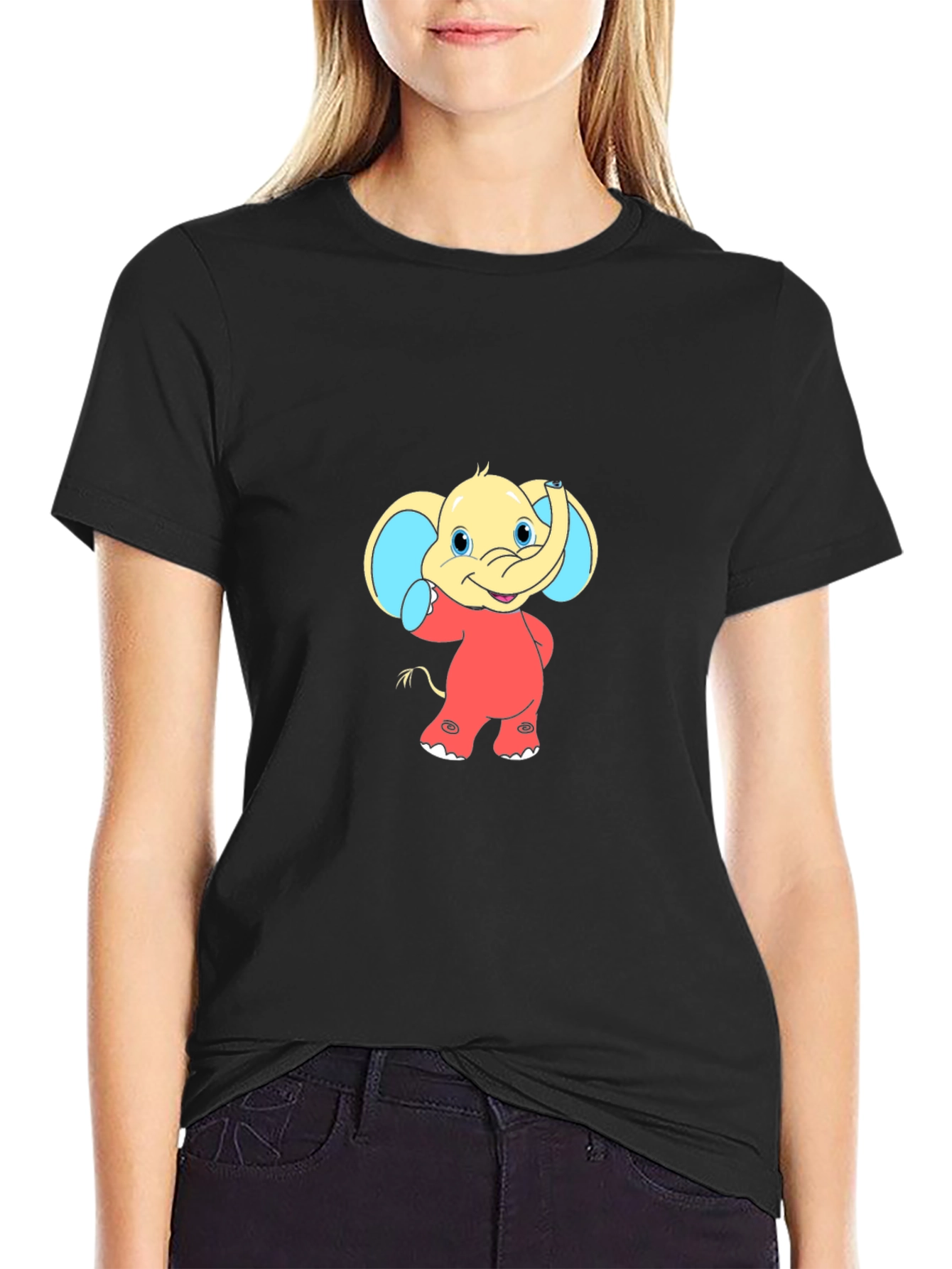 Cartoon Elephant Graphic Tee - Black