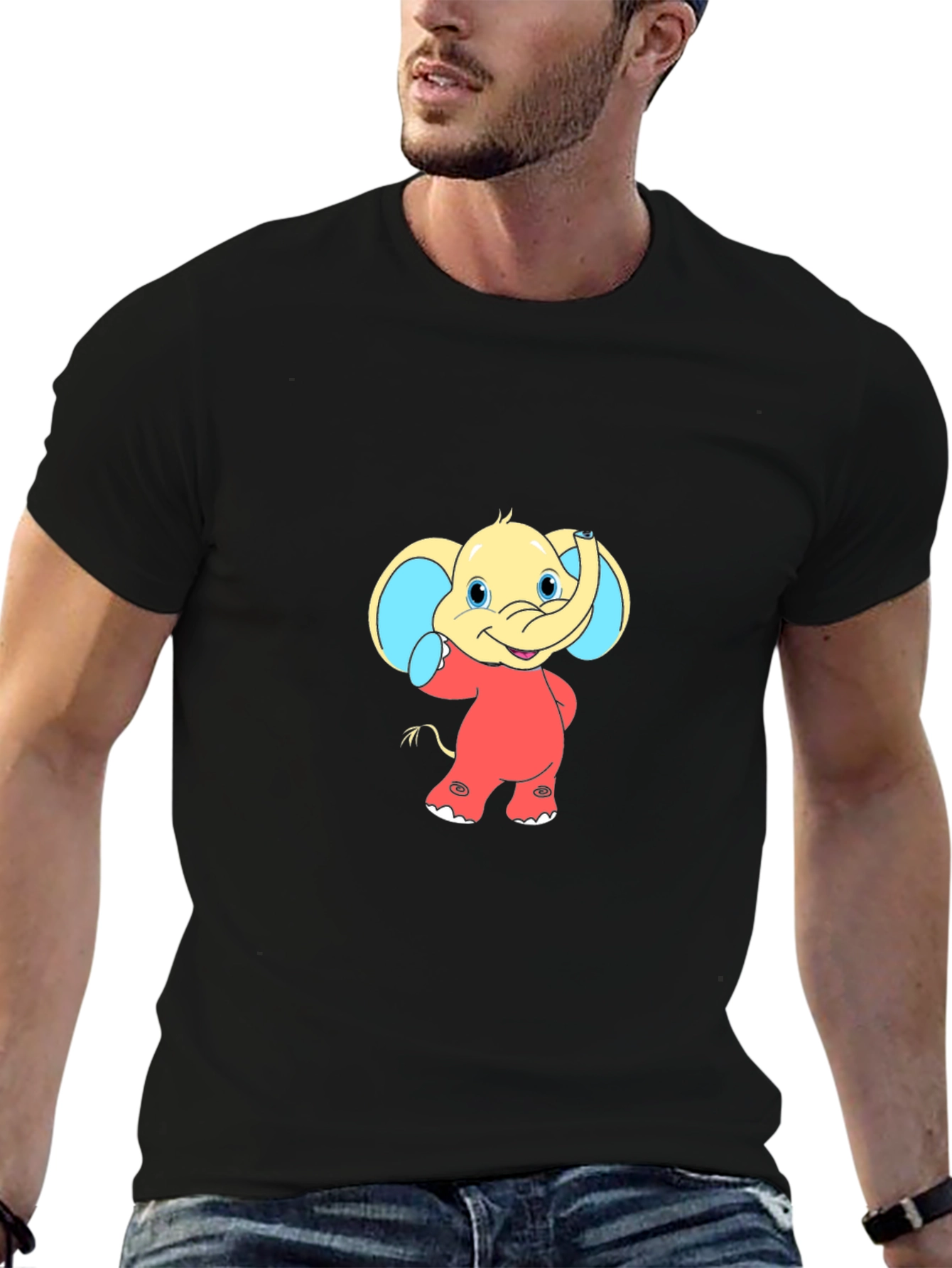 Cartoon Elephant Graphic Tee - Black
