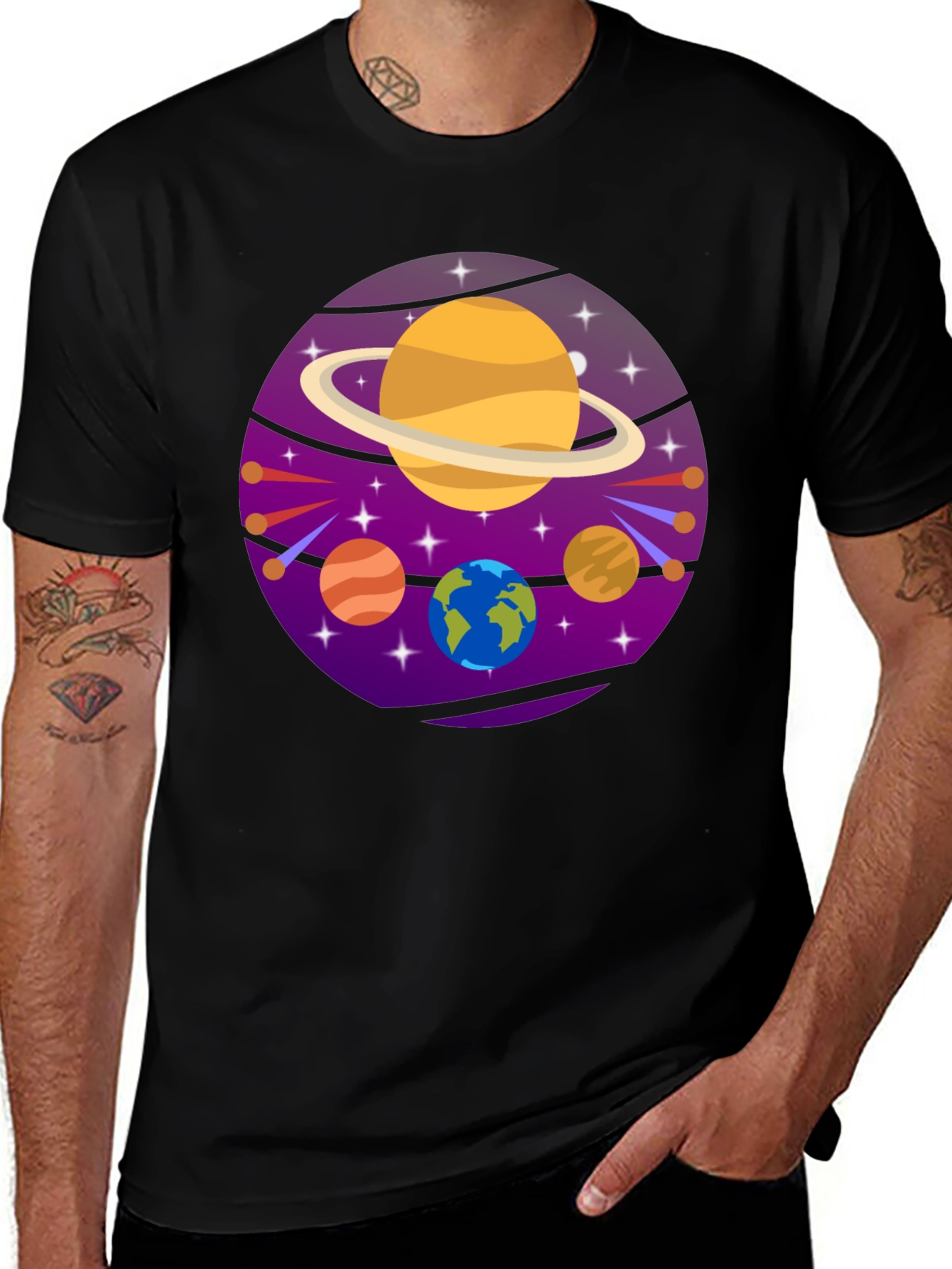 Cosmic Planets Graphic Tee - Black Cotton T-Shirt