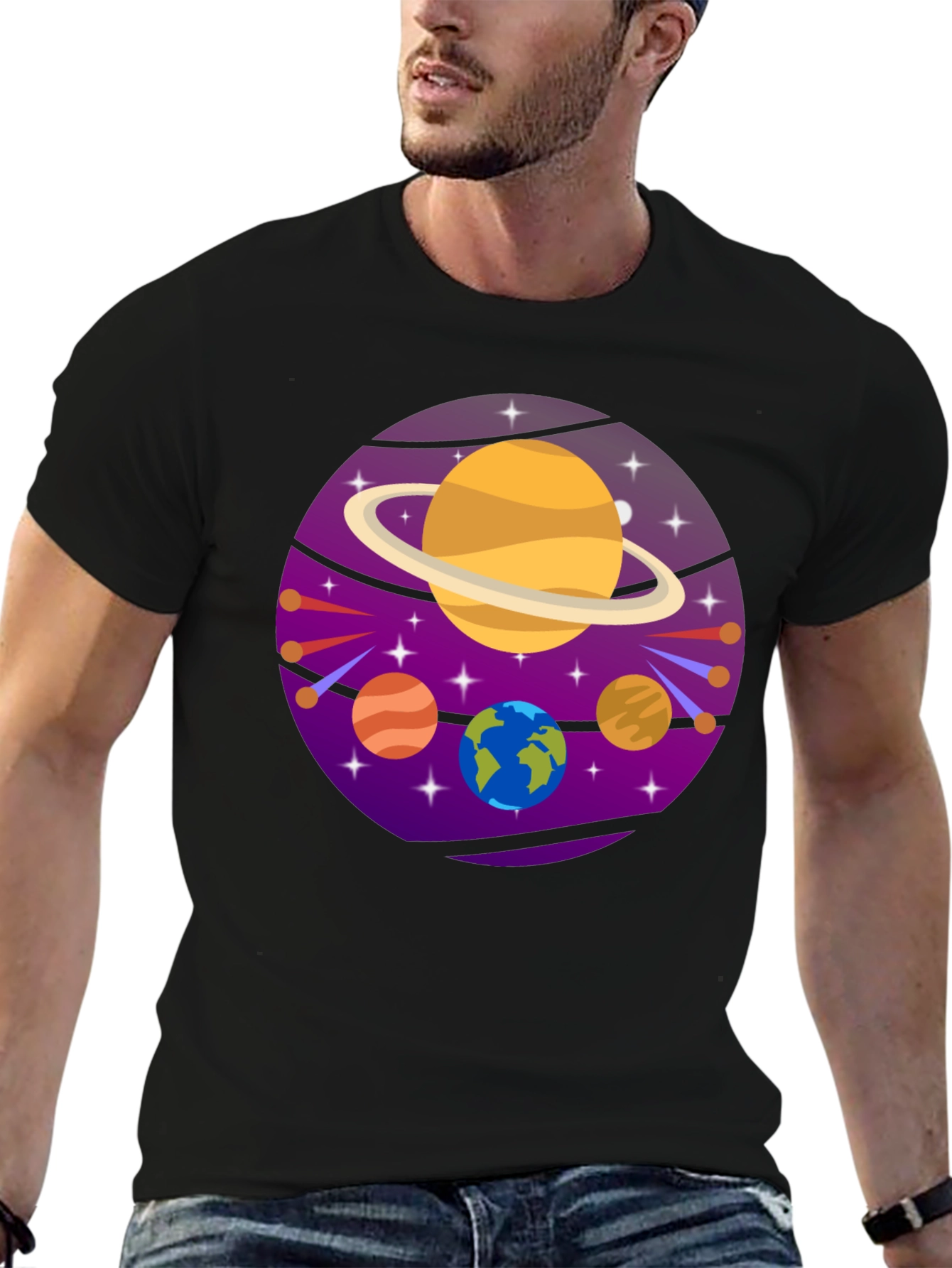 Cosmic Planets Graphic Tee - Black Cotton T-Shirt