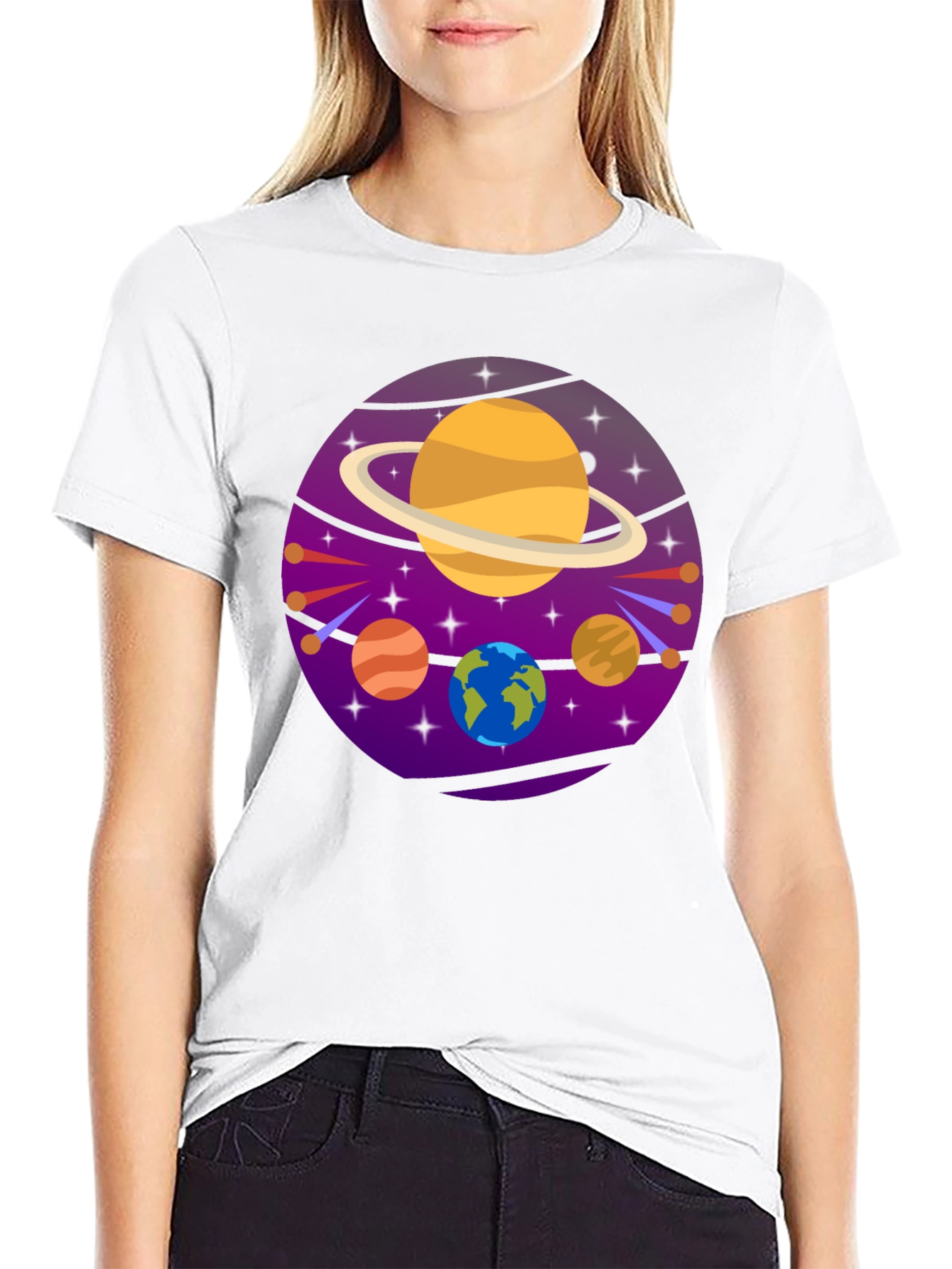 Cosmic Planets Graphic Tee - Black Cotton T-Shirt