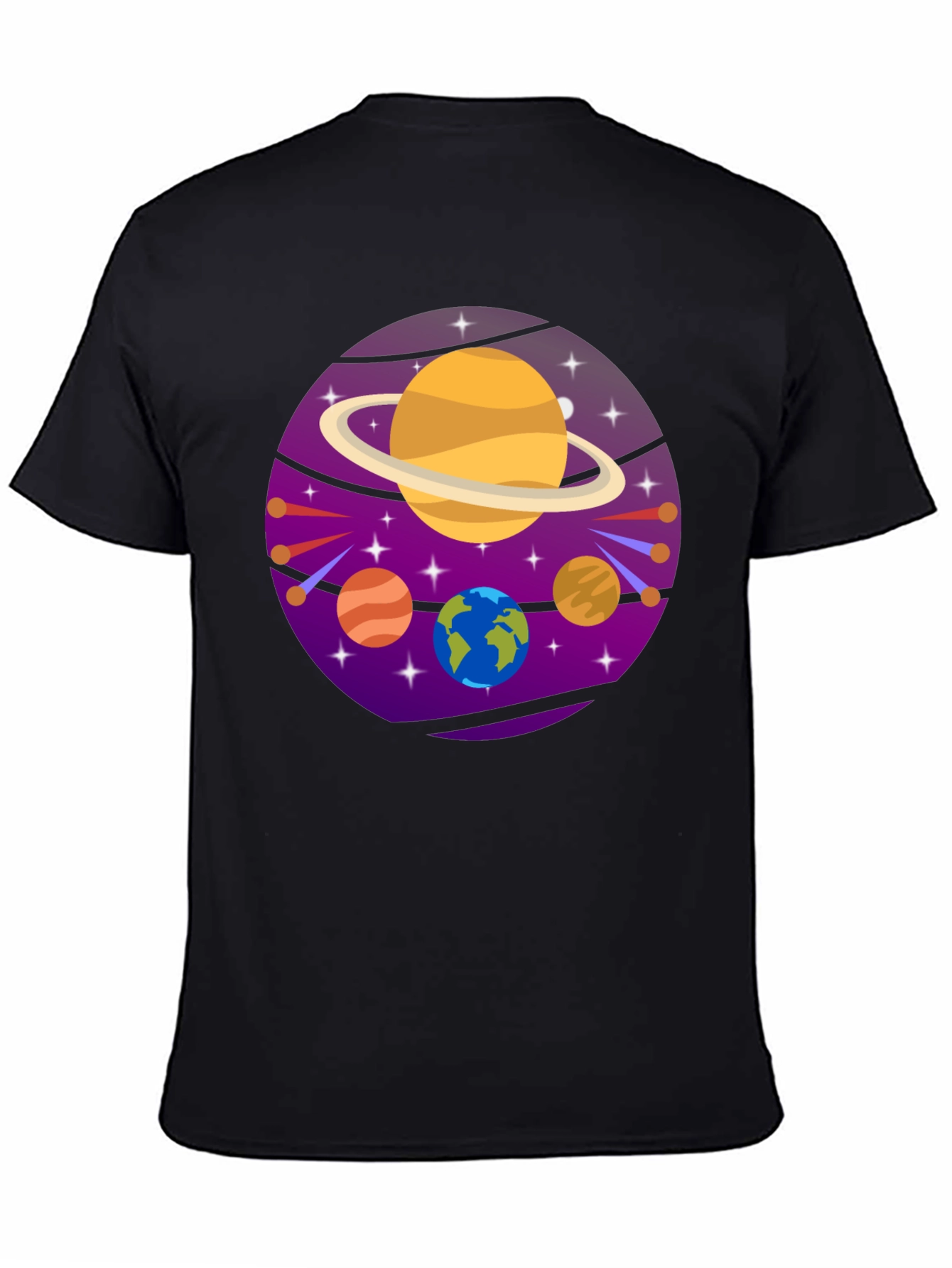 Cosmic Planets Graphic Tee - Black Cotton T-Shirt