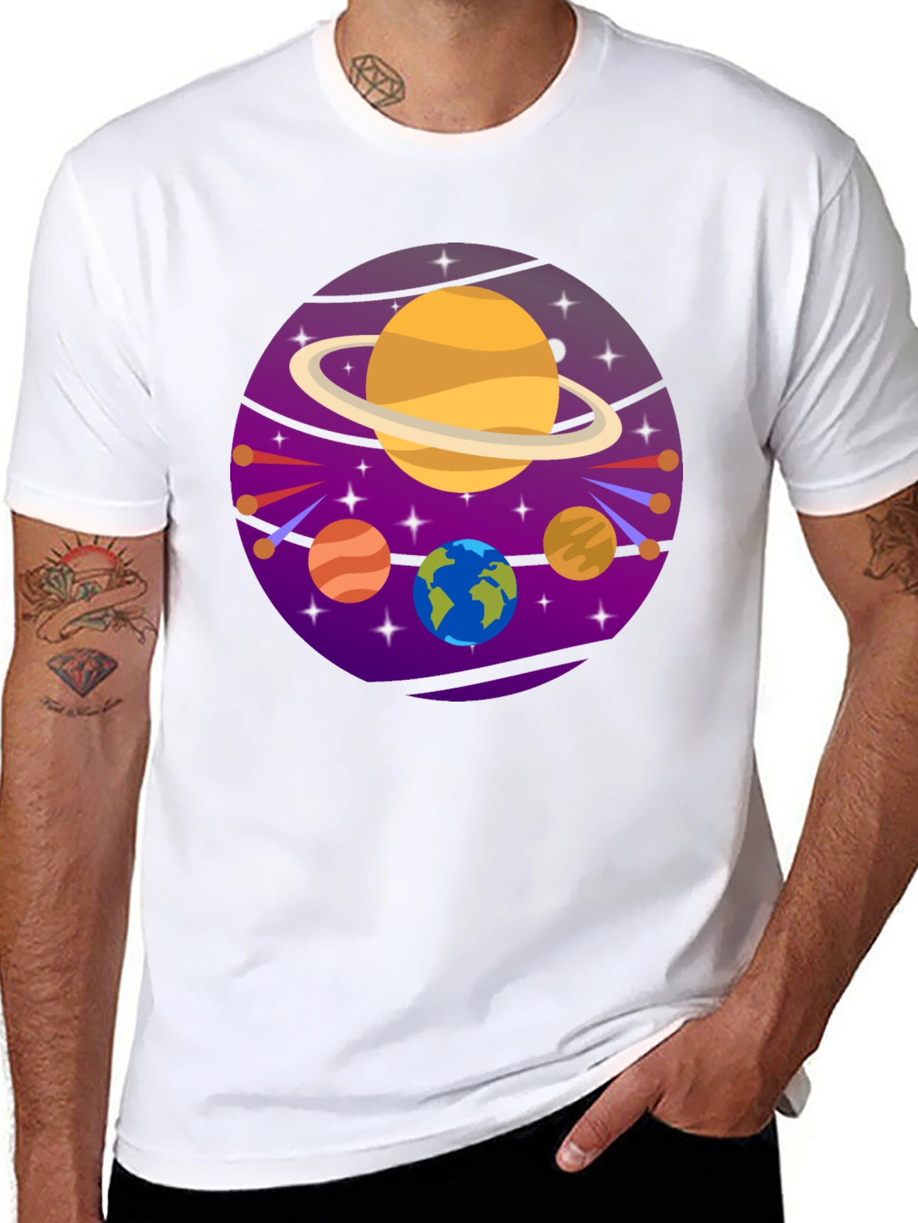 Cosmic Planets Graphic Tee - Black Cotton T-Shirt