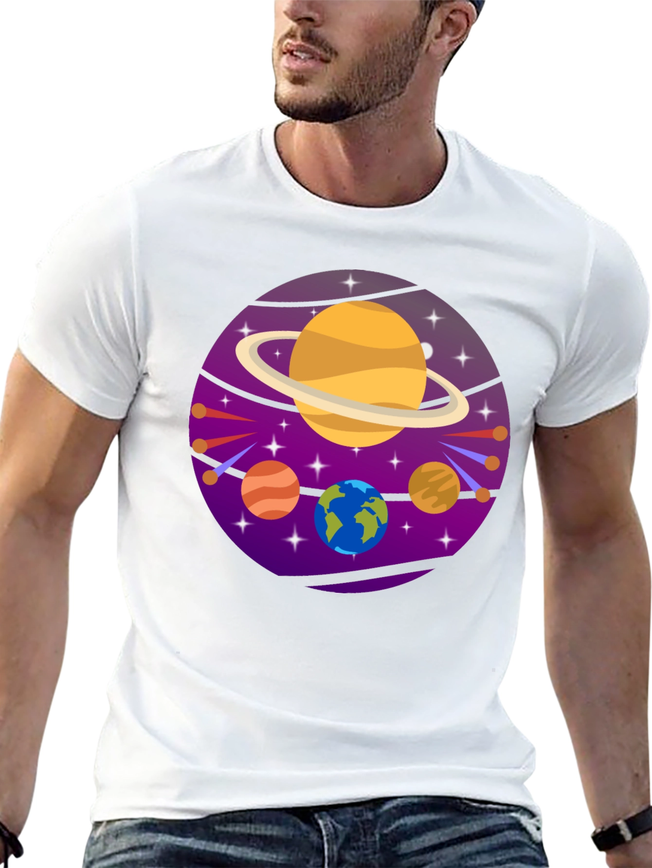 Cosmic Planets Graphic Tee - Black Cotton T-Shirt
