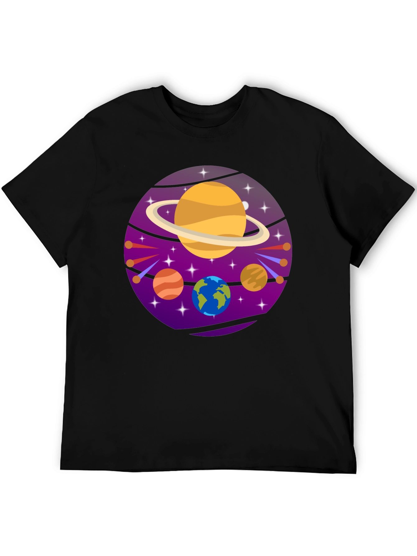 Cosmic Planets Graphic Tee - Black Cotton T-Shirt