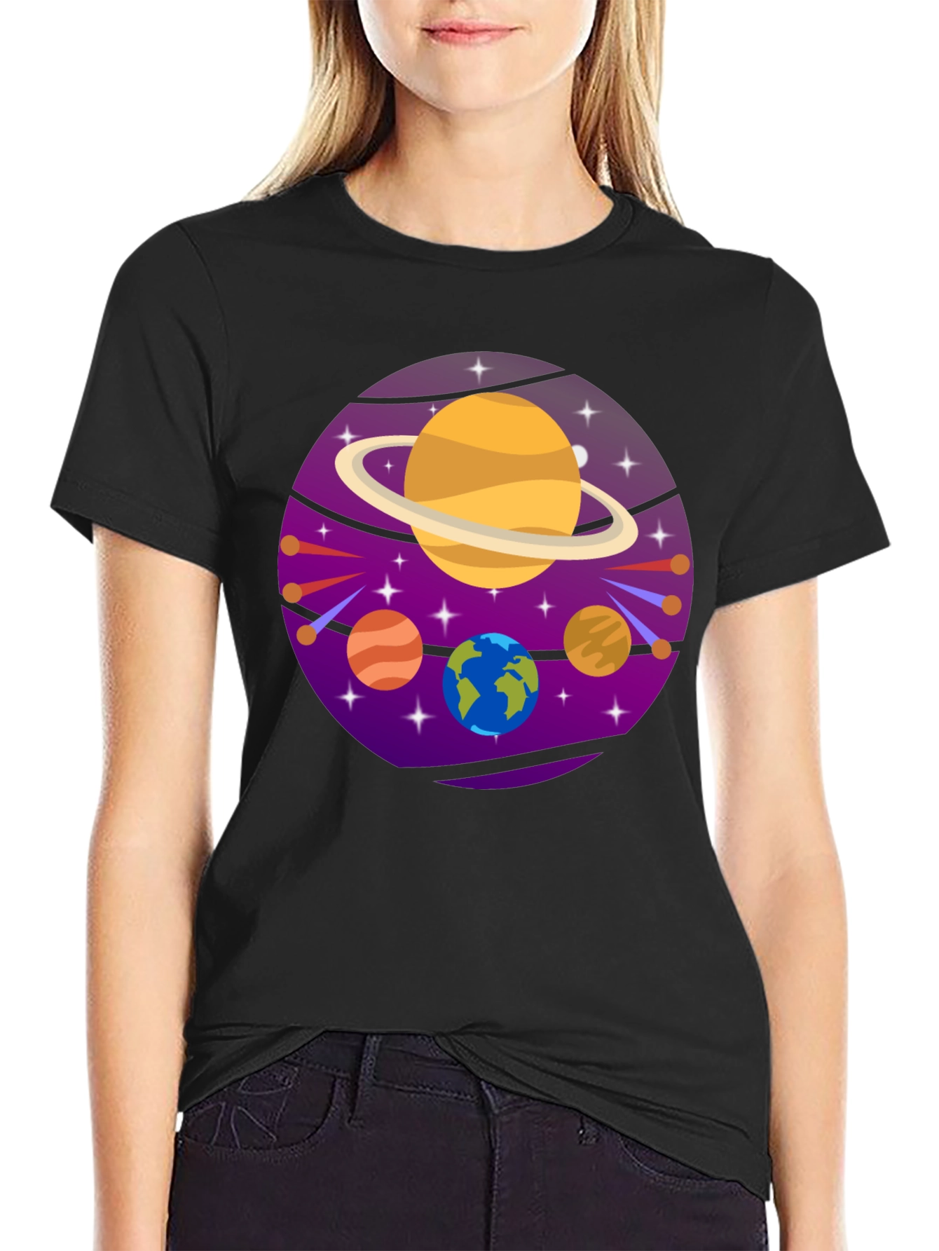 Cosmic Planets Graphic Tee - Black Cotton T-Shirt