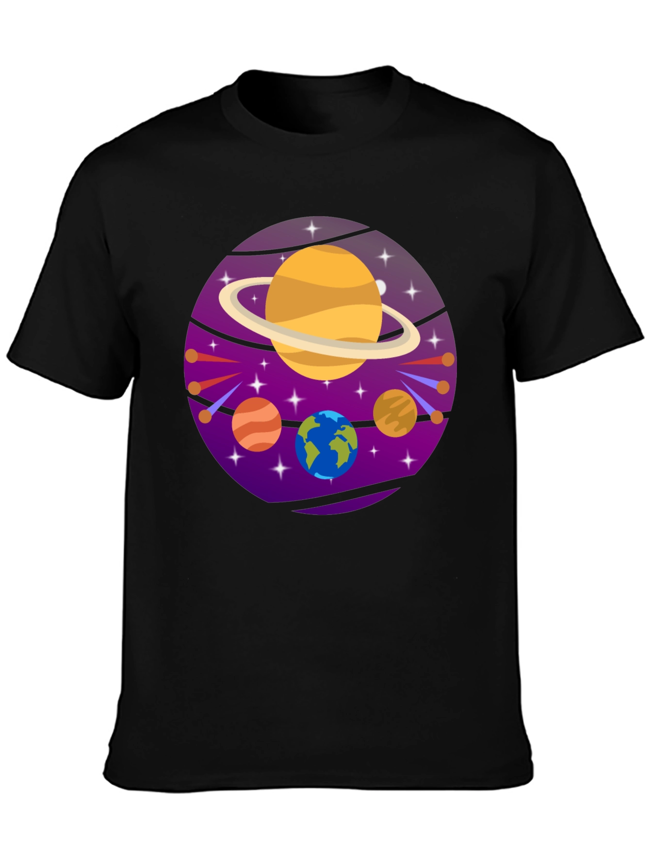 Cosmic Planets Graphic Tee - Black Cotton T-Shirt