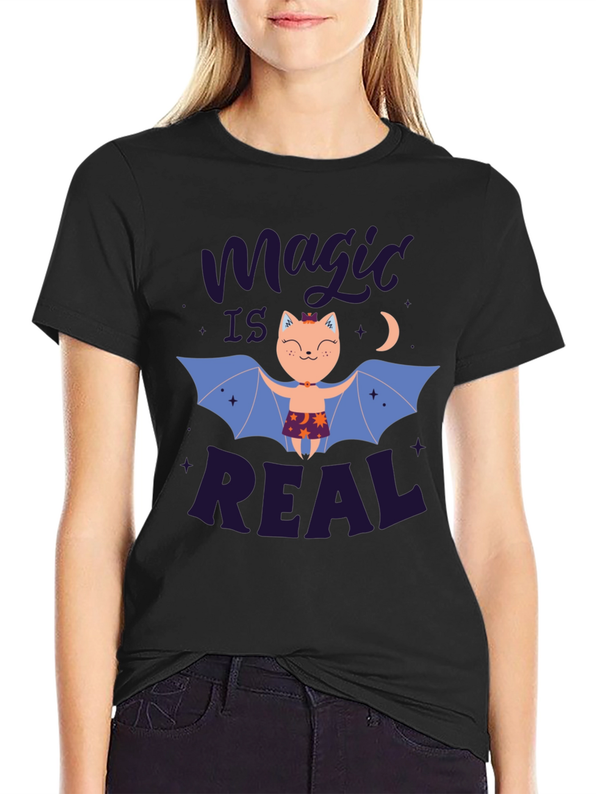 Magic is Real Bat Cat Black T-Shirt