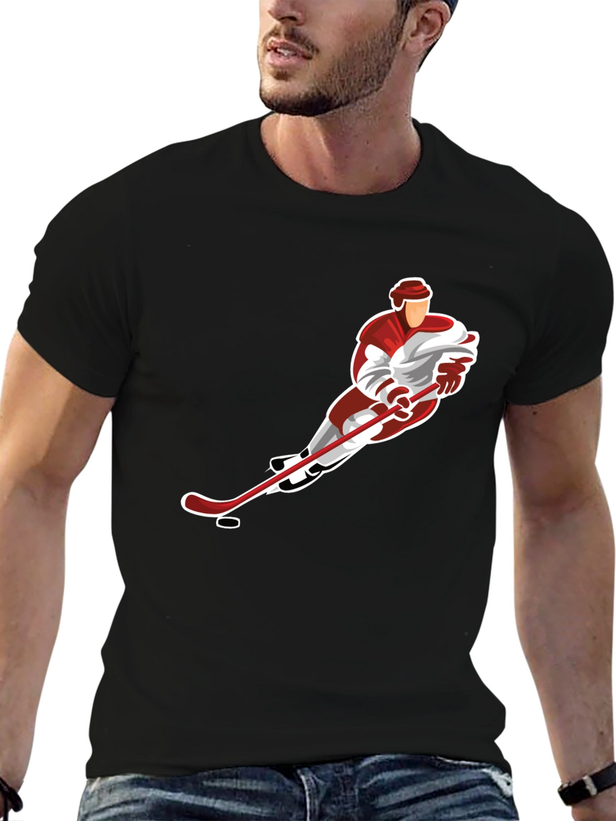 Hockey Player Graphic Tee - Black Cotton Blend