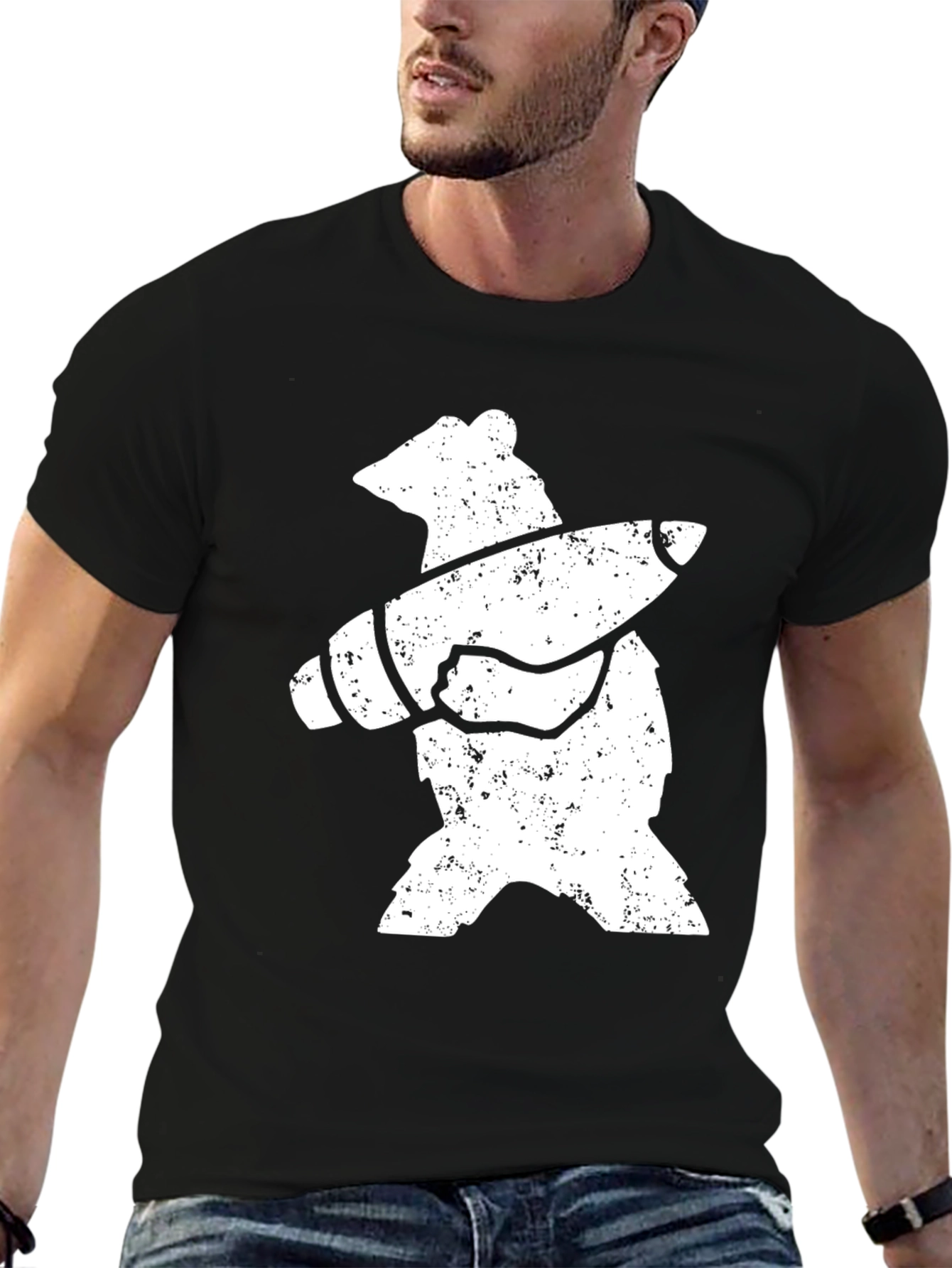Bear with Rocket T-Shirt - Black Cotton Graphic Tee