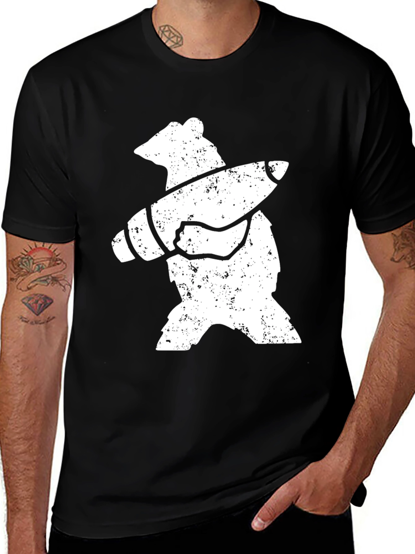 Bear with Rocket T-Shirt - Black Cotton Graphic Tee