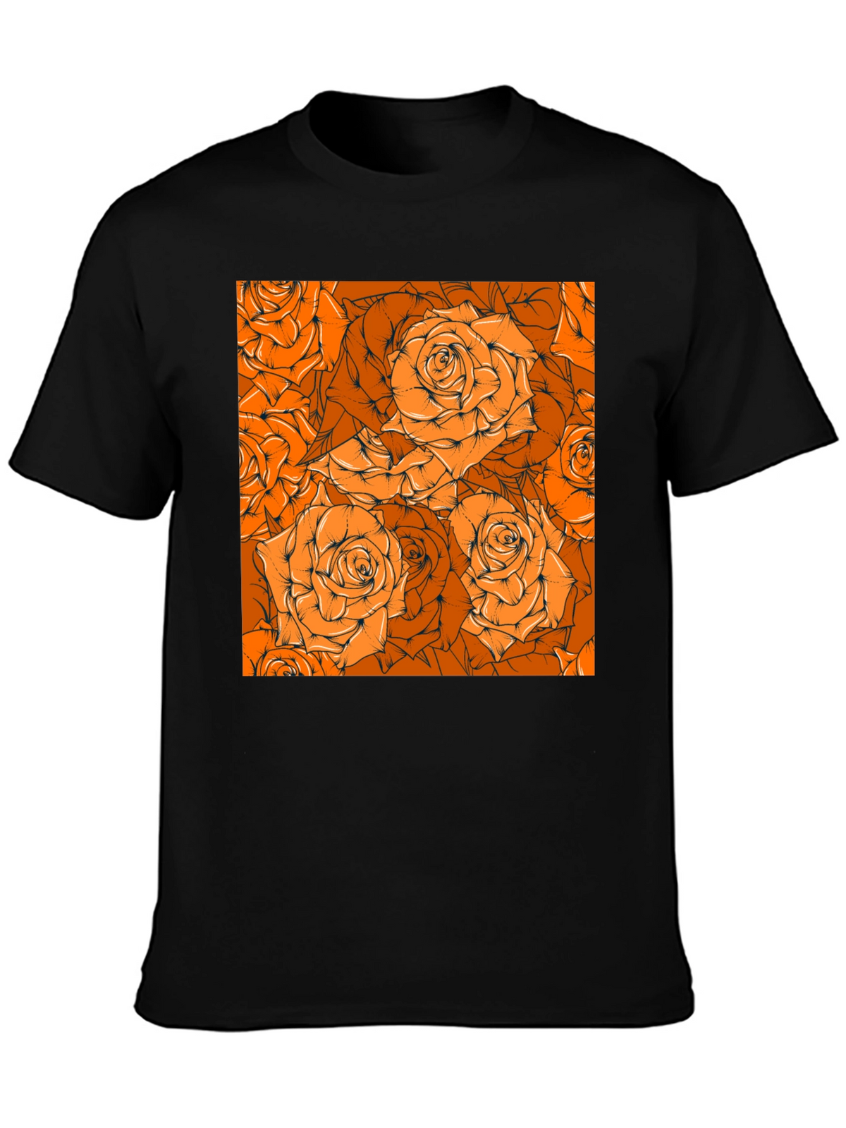 Floral Orange Rose Pattern Black T-Shirt