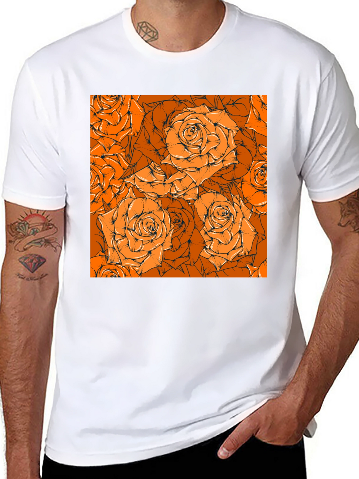 Floral Orange Rose Pattern Black T-Shirt