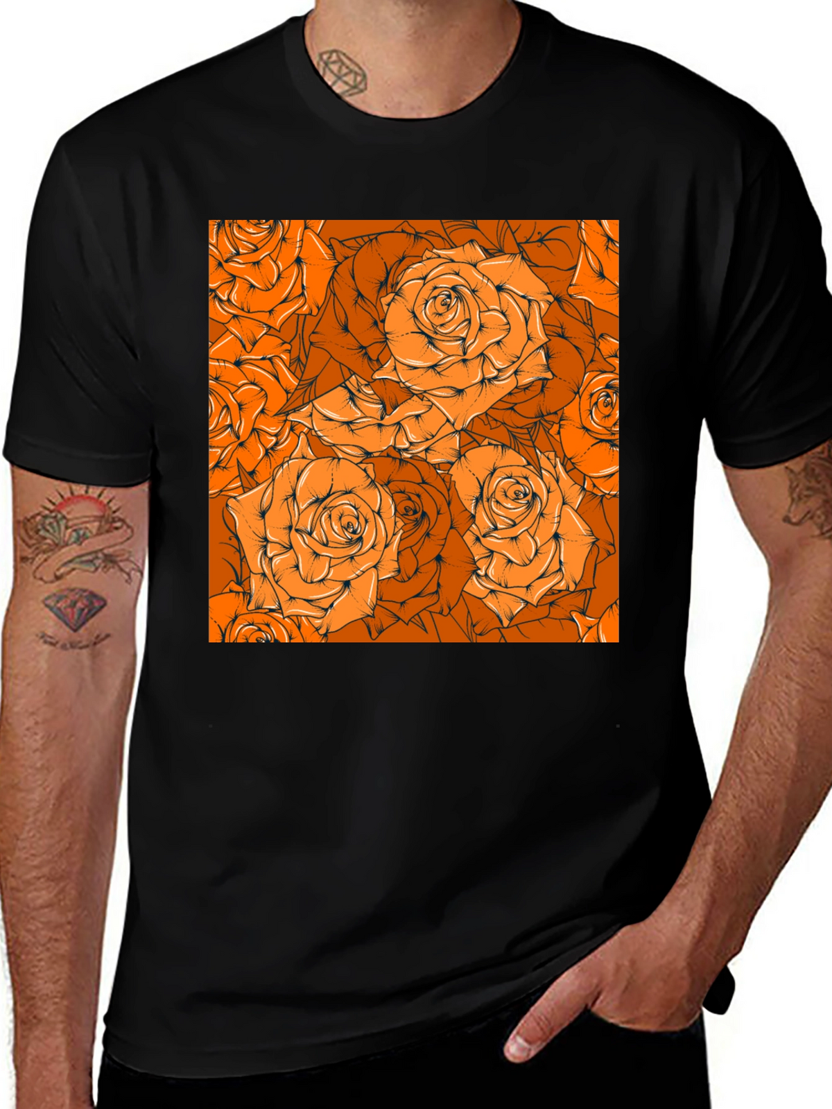 Floral Orange Rose Pattern Black T-Shirt