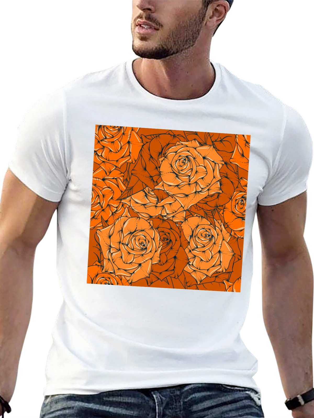 Floral Orange Rose Pattern Black T-Shirt