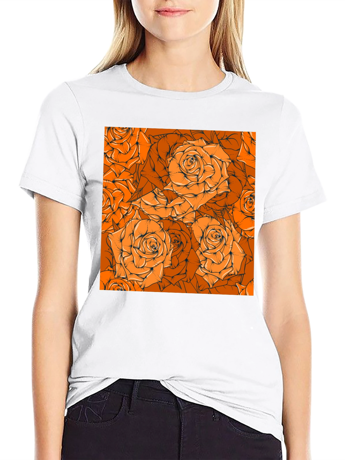 Floral Orange Rose Pattern Black T-Shirt