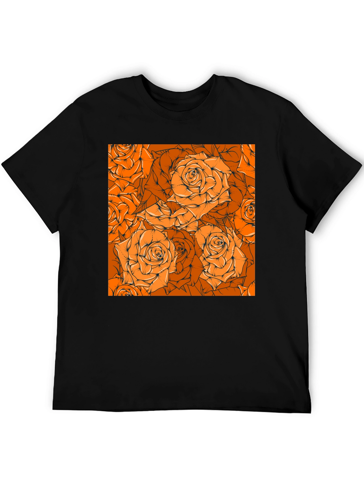 Floral Orange Rose Pattern Black T-Shirt