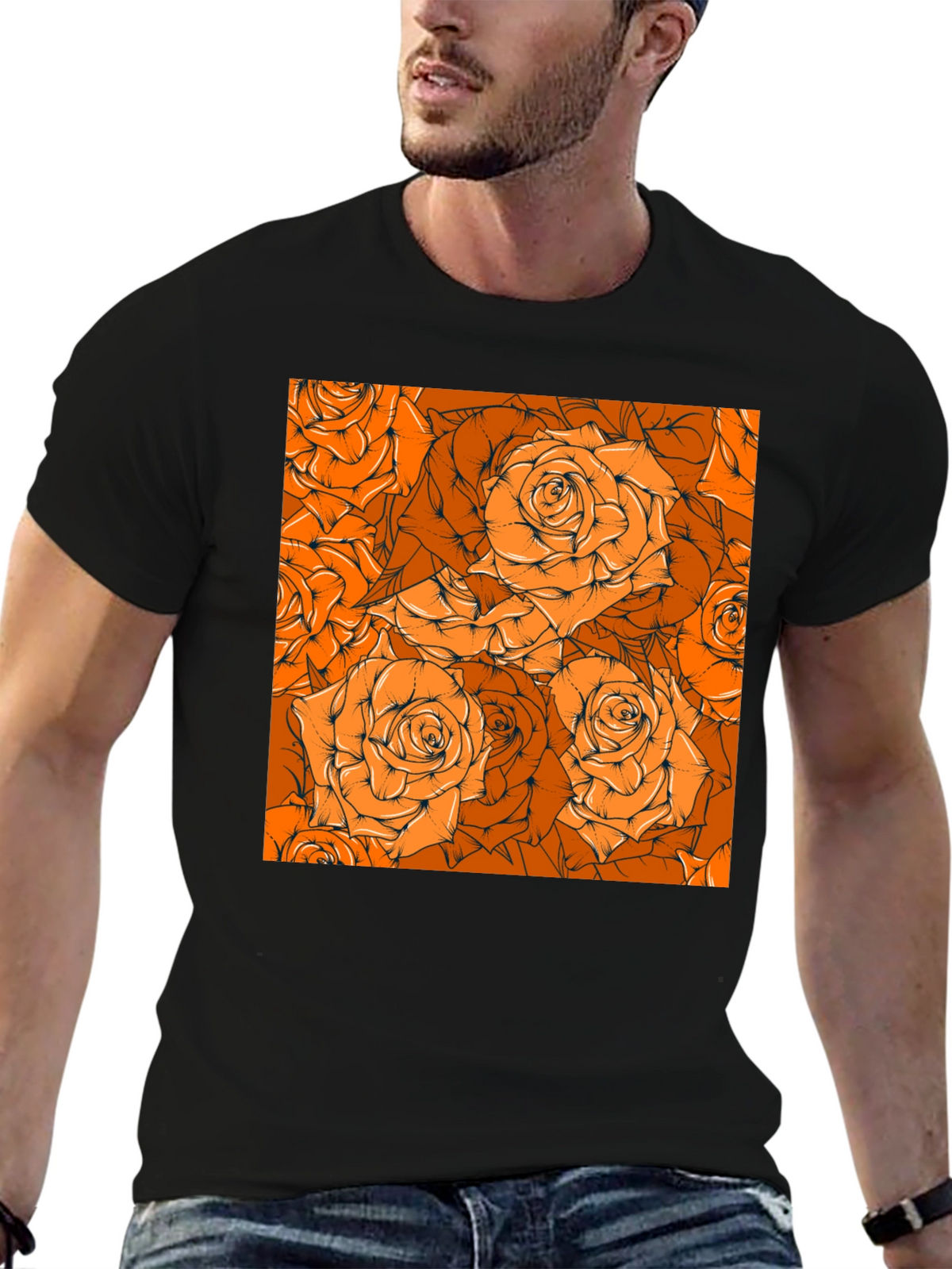 Floral Orange Rose Pattern Black T-Shirt
