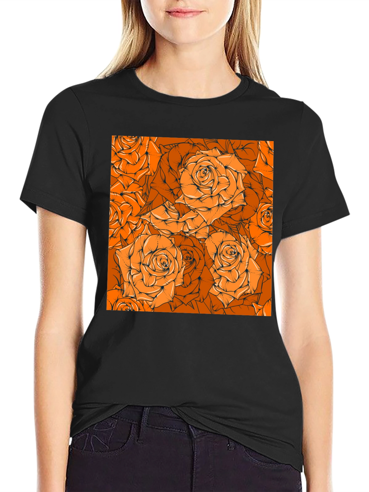 Floral Orange Rose Pattern Black T-Shirt