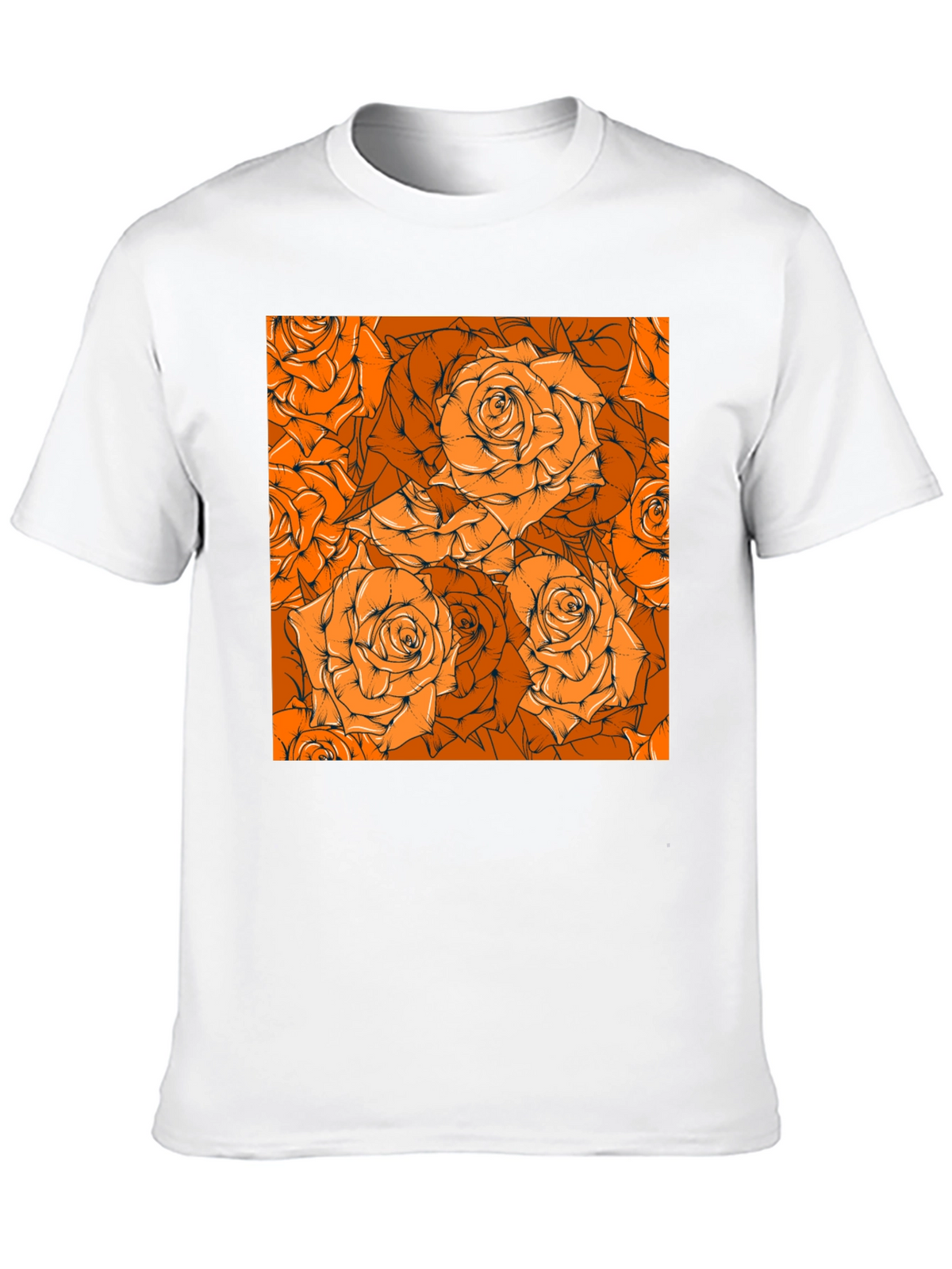 Floral Orange Rose Pattern Black T-Shirt