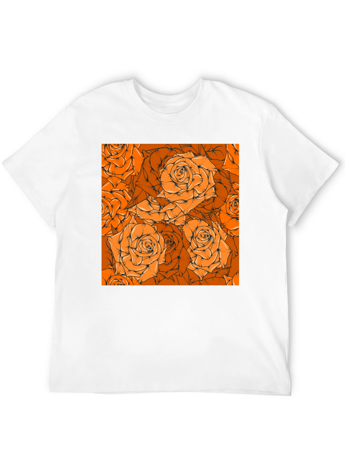 Floral Orange Rose Pattern Black T-Shirt