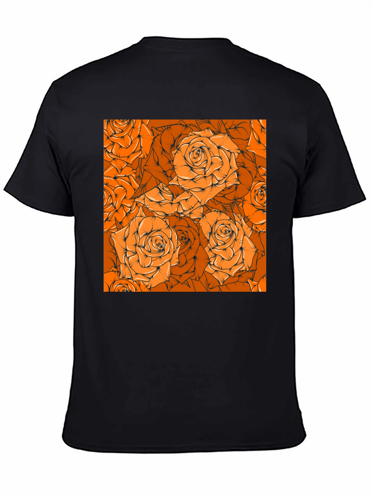 Floral Orange Rose Pattern Black T-Shirt