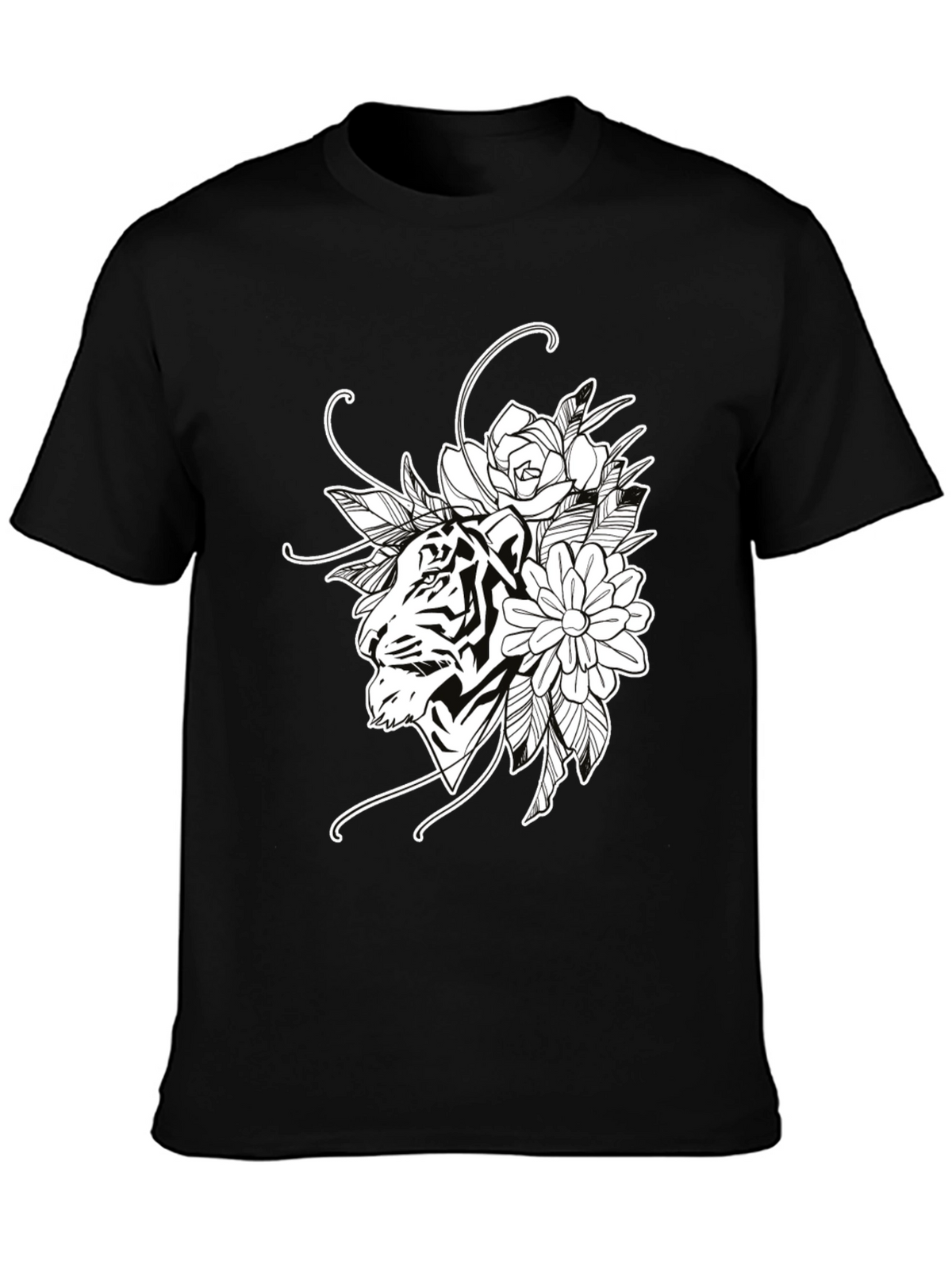 Tiger Floral Print Black Cotton T-Shirt