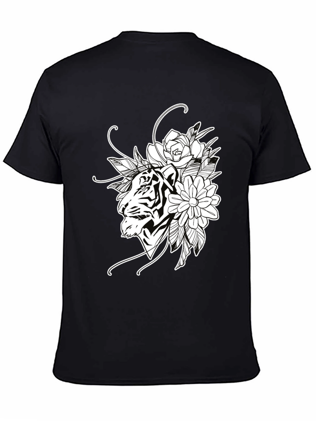 Tiger Floral Print Black Cotton T-Shirt