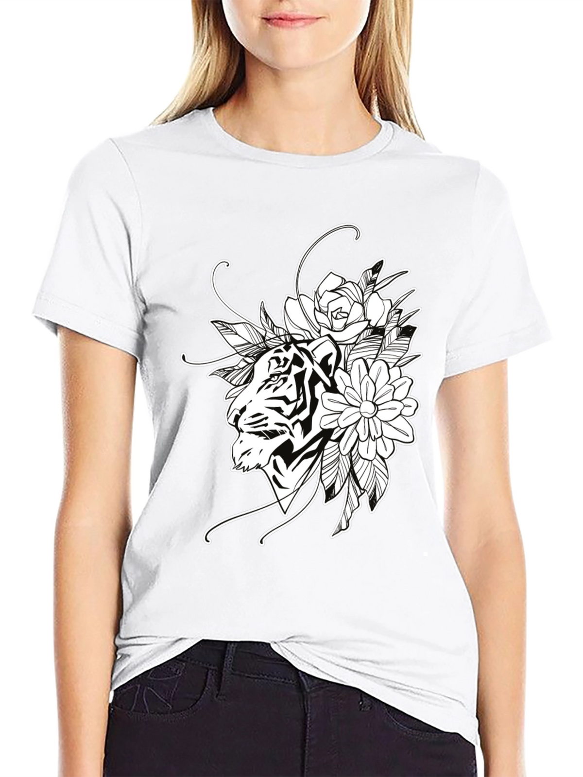 Tiger Floral Print Black Cotton T-Shirt