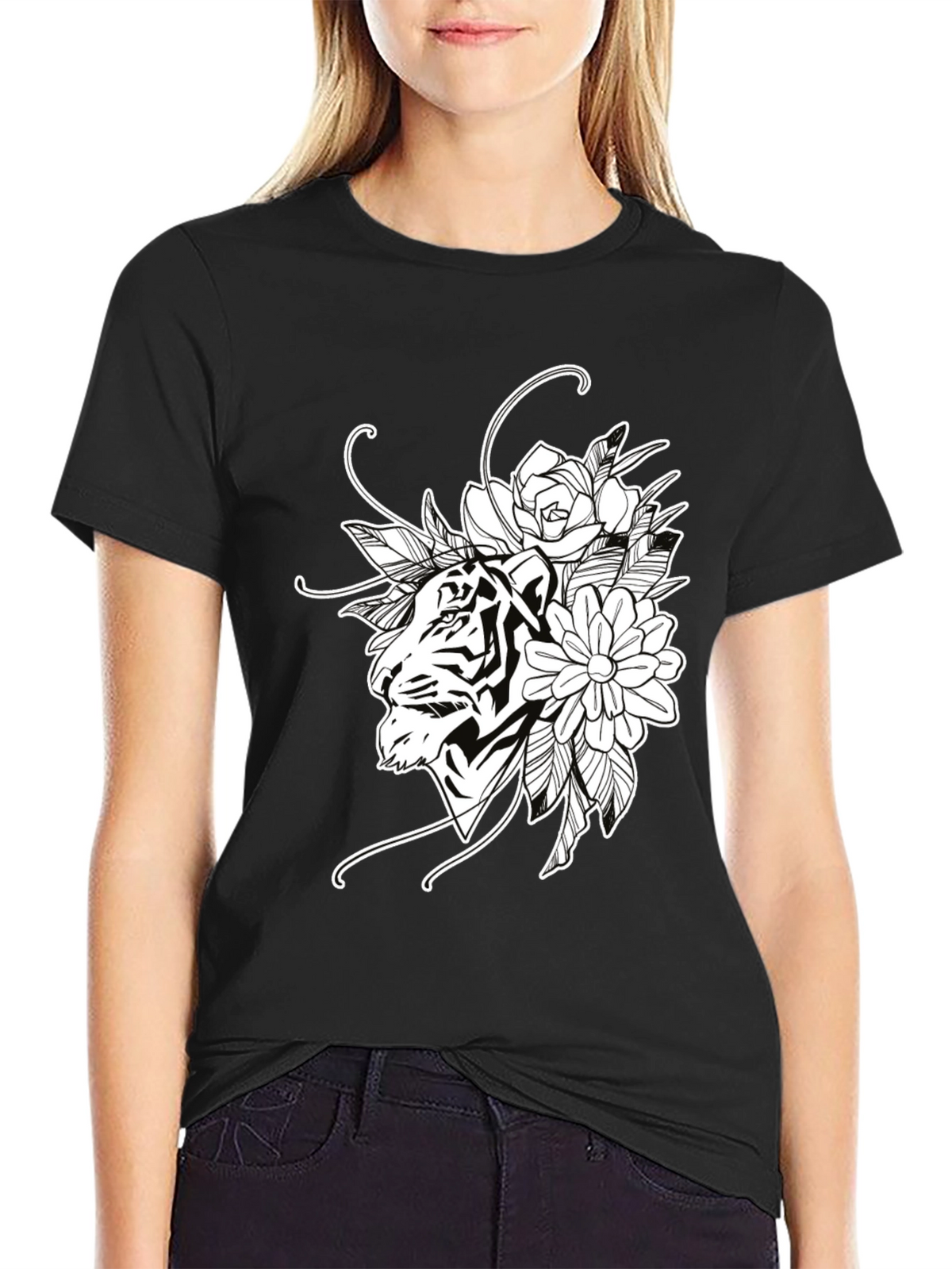 Tiger Floral Print Black Cotton T-Shirt