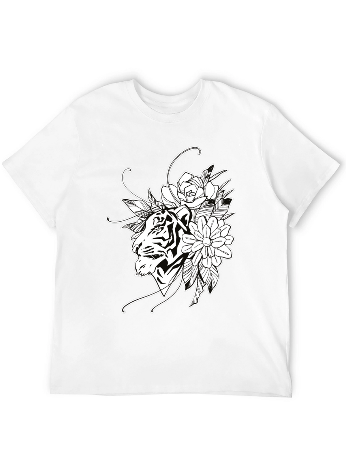 Tiger Floral Print Black Cotton T-Shirt
