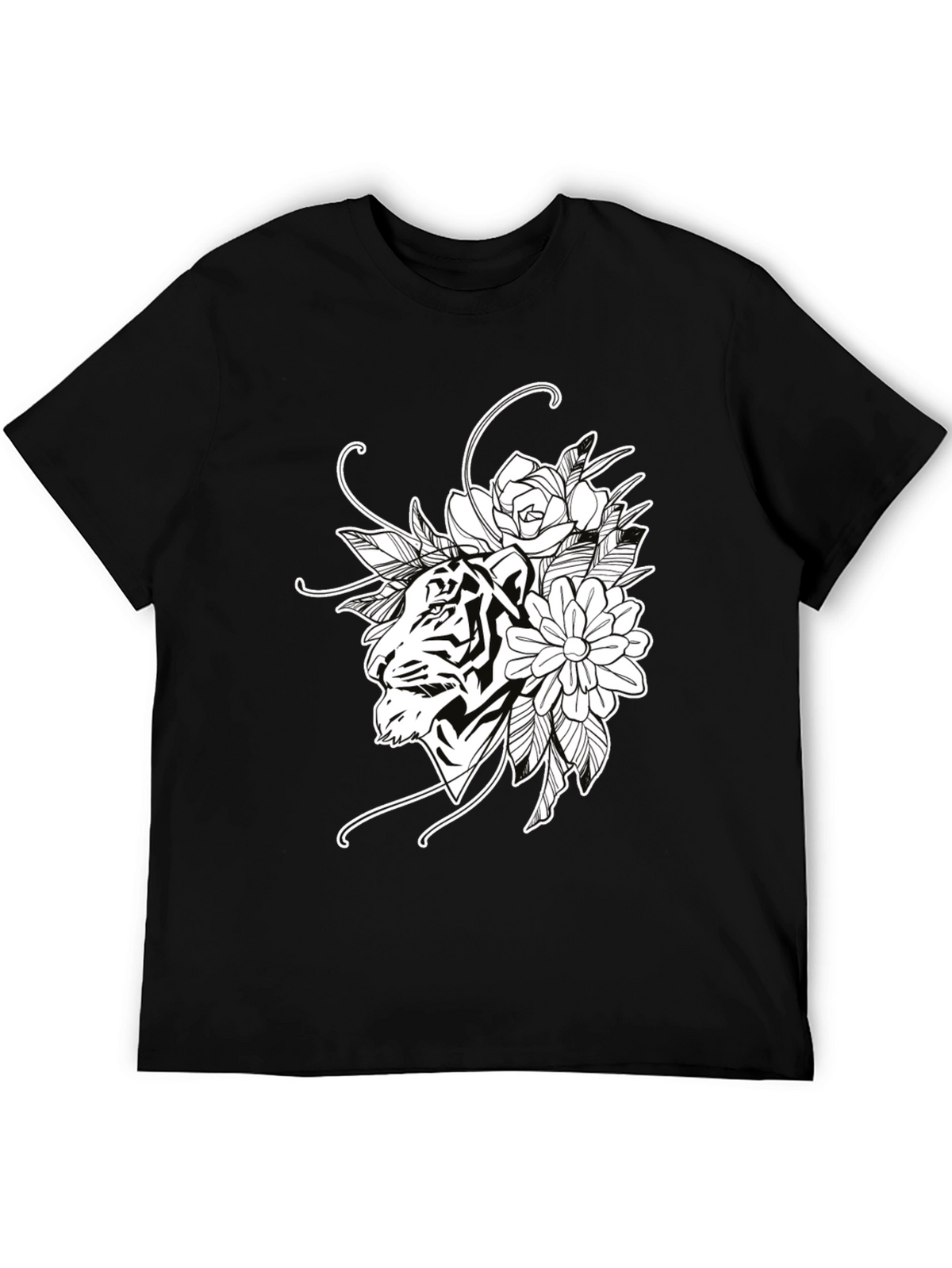 Tiger Floral Print Black Cotton T-Shirt