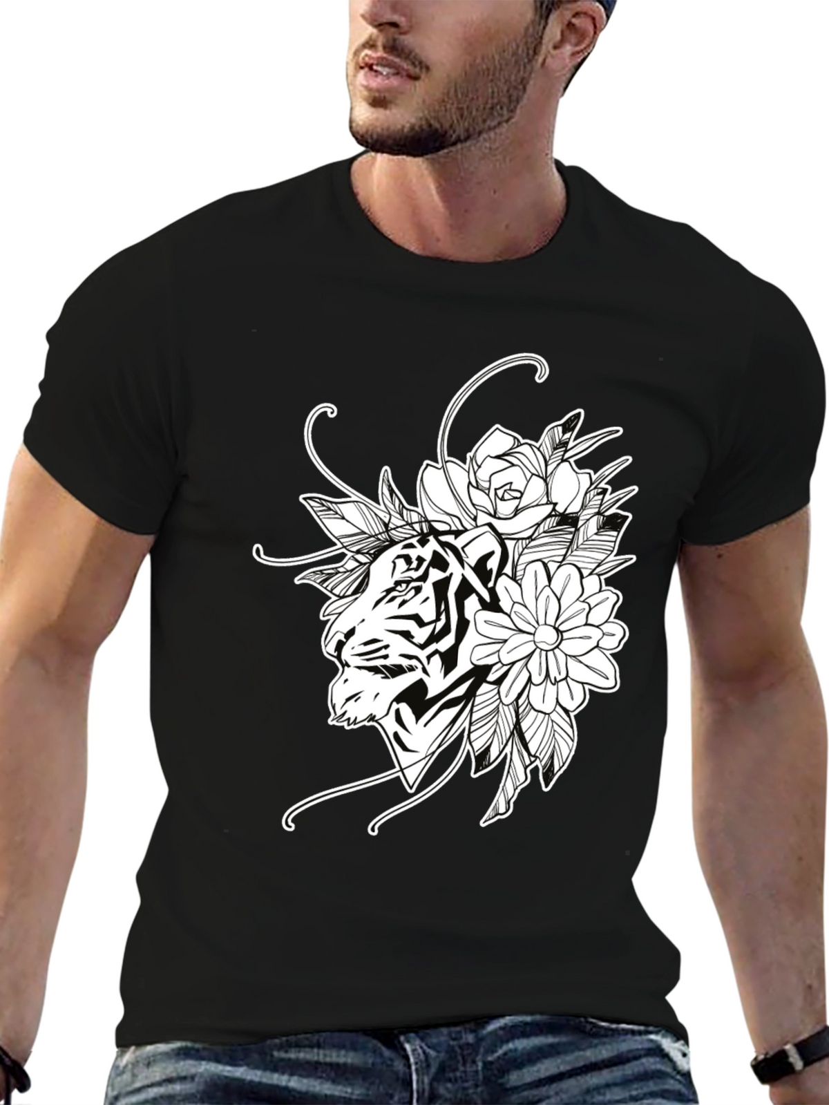 Tiger Floral Print Black Cotton T-Shirt