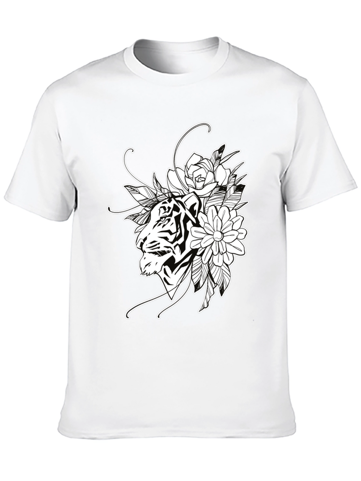 Tiger Floral Print Black Cotton T-Shirt