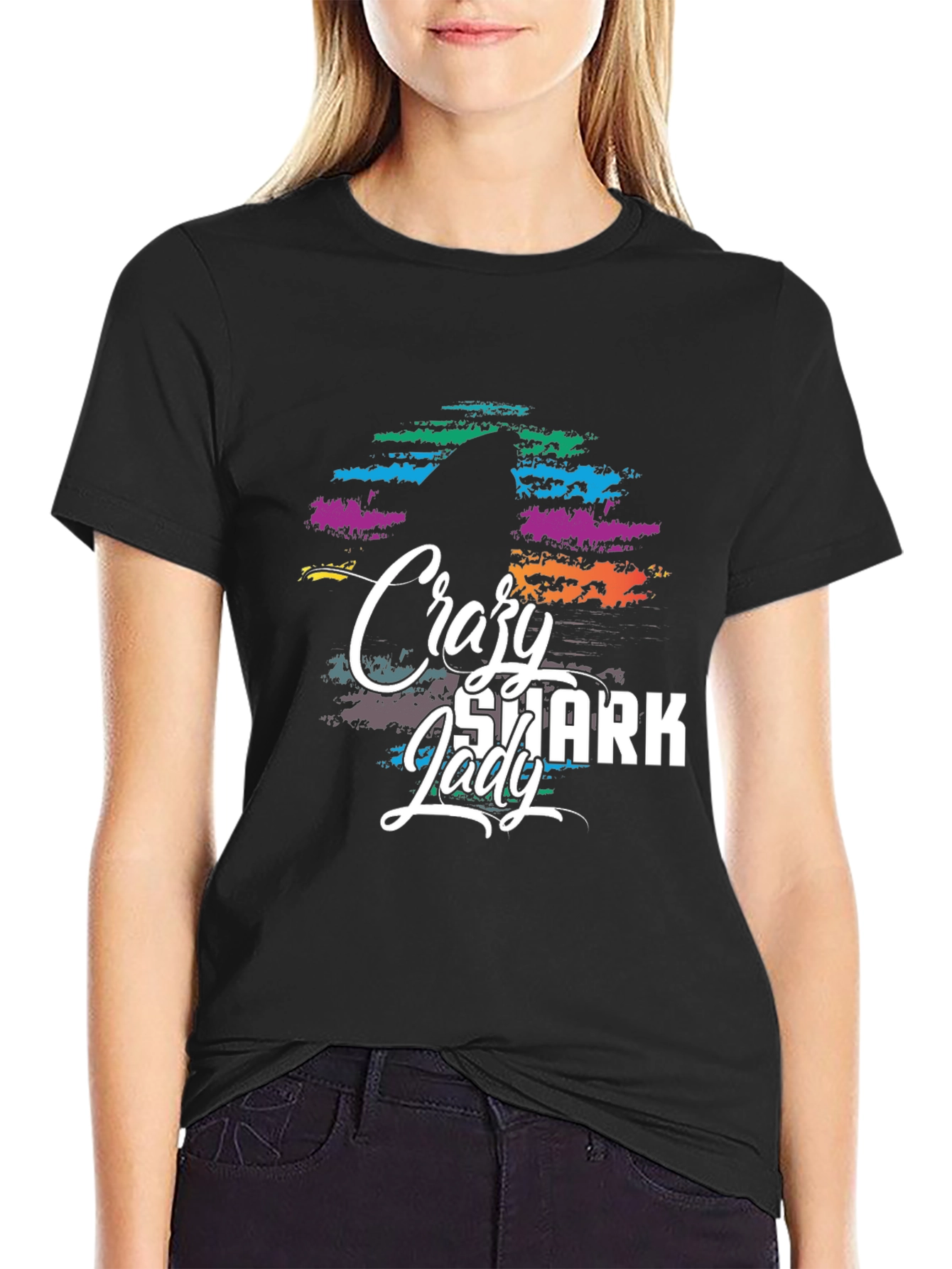 Crazy Shark Lady Graphic Tee - Black T-Shirt