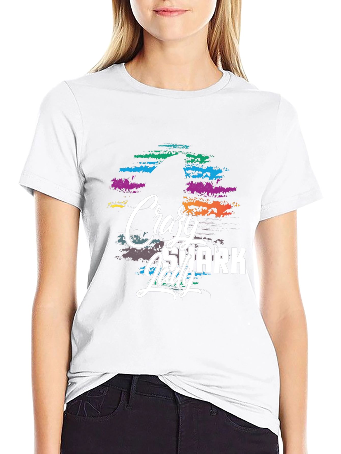 Crazy Shark Lady Graphic Tee - Black T-Shirt