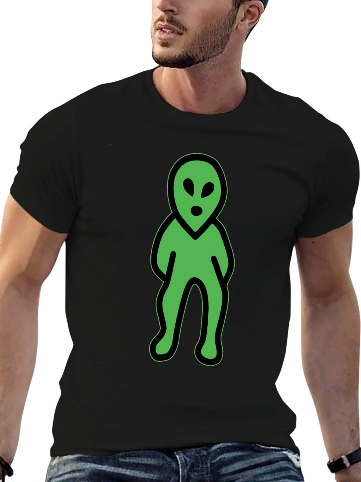 Green Alien Graphic Tee - Black Cotton Blend Shirt