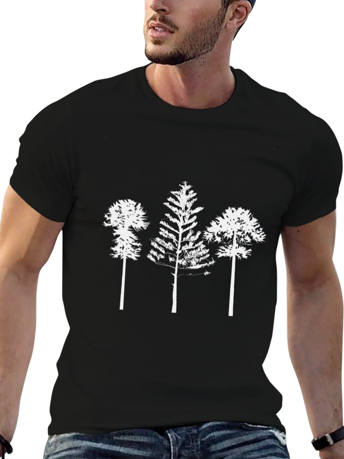 Mens Black T-Shirt with White Tree Print