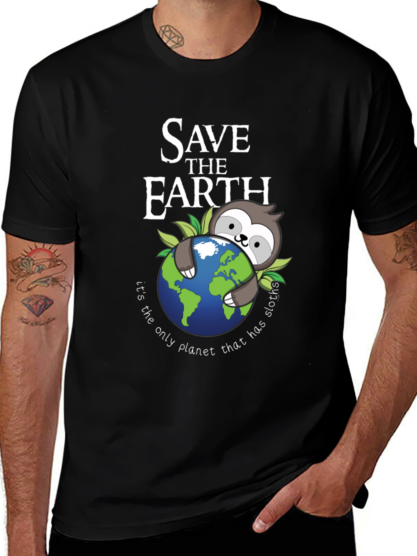 Save the Earth Sloth Graphic T-Shirt - Black