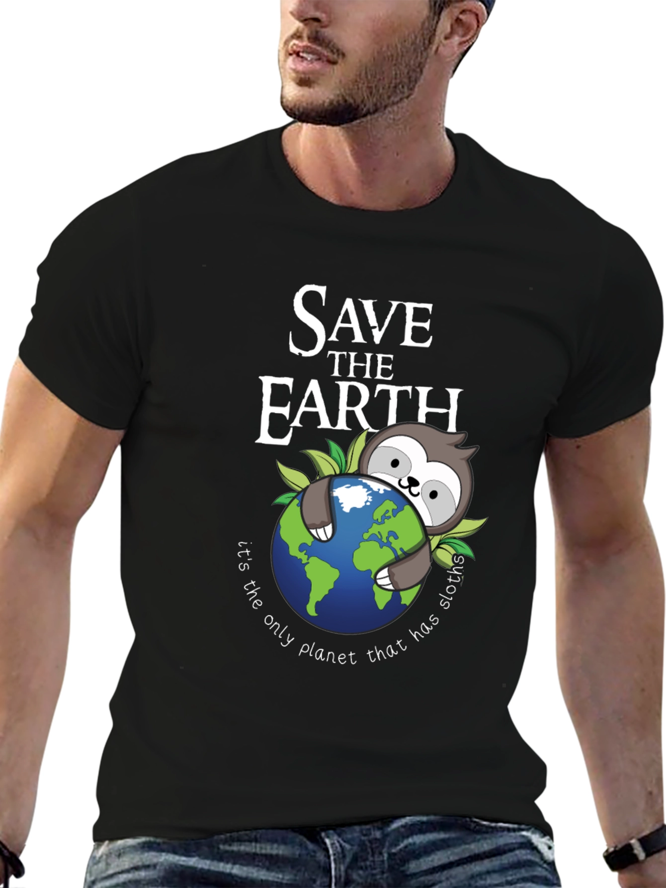 Save the Earth Sloth Graphic T-Shirt - Black