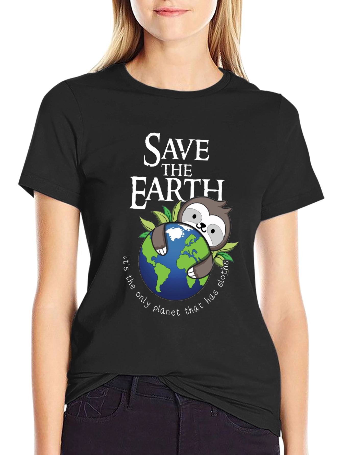 Save the Earth Sloth Graphic T-Shirt - Black