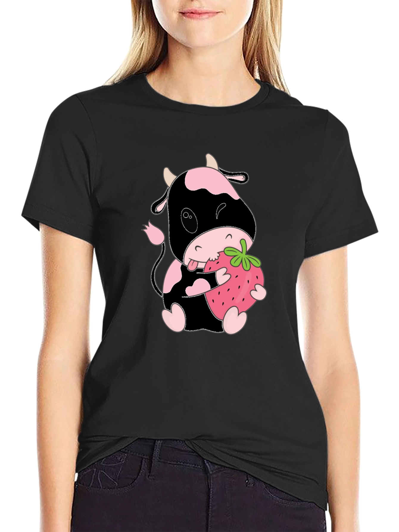 Cute Cow Eating Strawberry Black T-Shirt