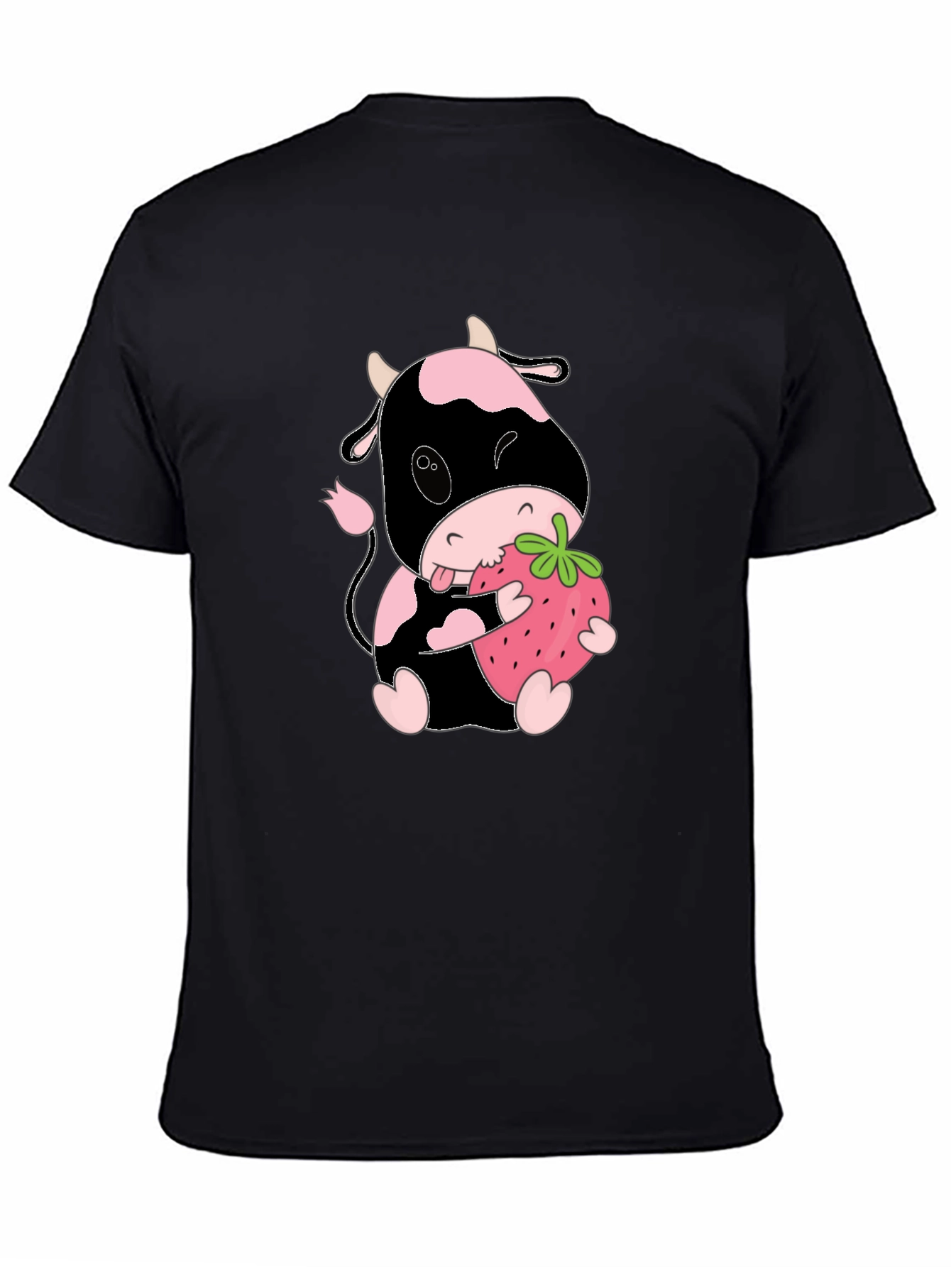 Cute Cow Eating Strawberry Black T-Shirt