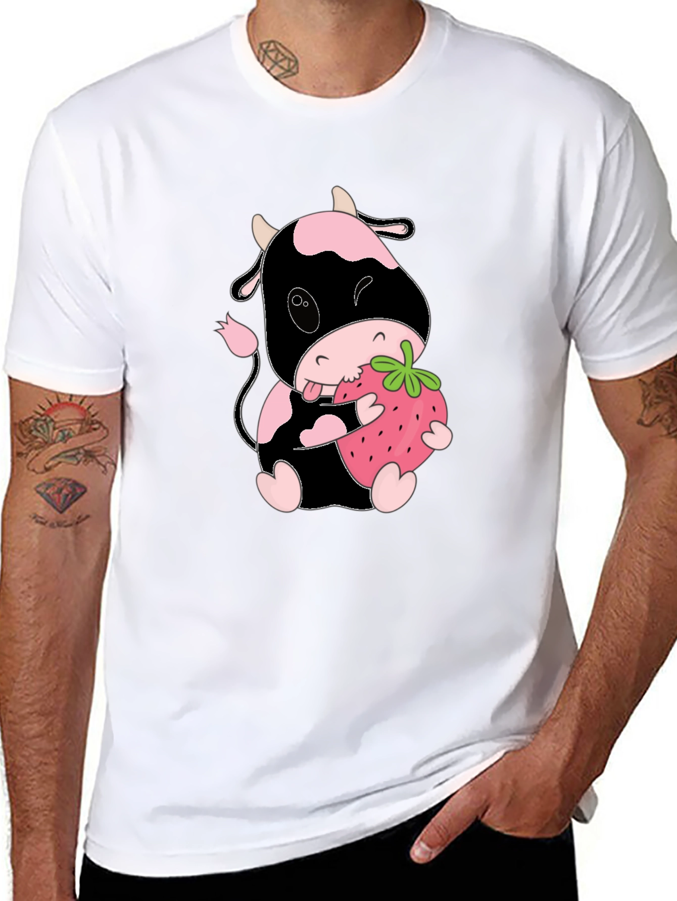 Cute Cow Eating Strawberry Black T-Shirt