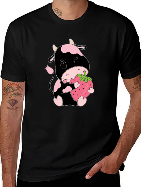 Cute Cow Eating Strawberry Black T-Shirt