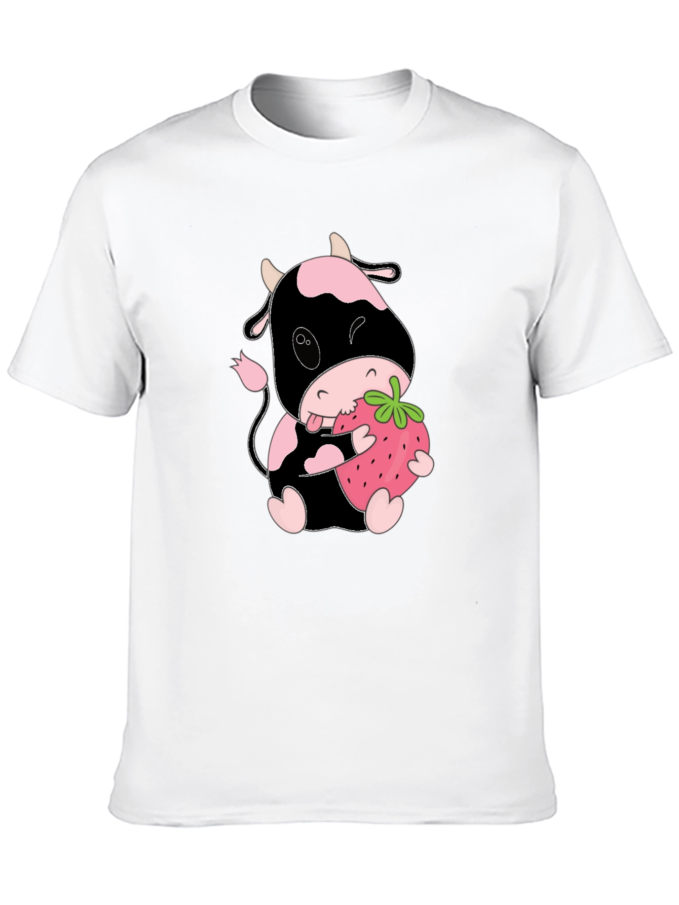 Cute Cow Eating Strawberry Black T-Shirt
