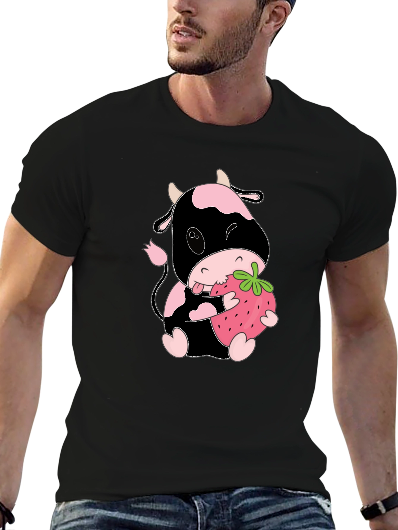 Cute Cow Eating Strawberry Black T-Shirt